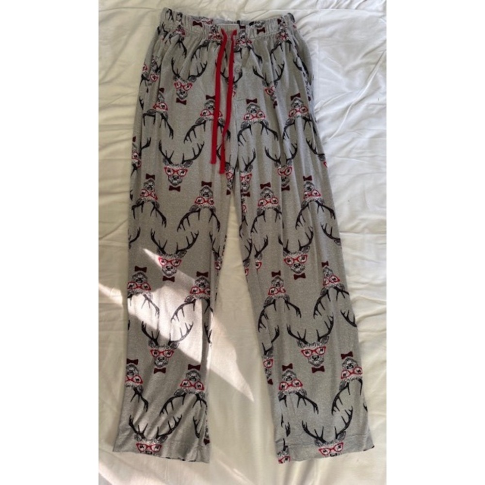 Santas Treasures Funny Reindeer Red Glasses Pajama Pants Gray Red Holiday Medium